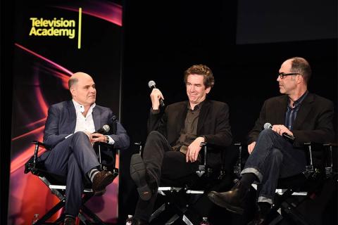 Creator/Producer Matthew Weiner, production designer Dan Bishop, and director/DP Christopher Manley on the panel at "A Farewell to Mad Men," May 17, 2015 at the Montalbán Theater in Hollywood, California.