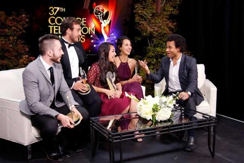Thaddaeus Andreades, Nicholas Manfredi, Elizabeth Ku-Herrero, and Marie Raoult chat with Corbin Bleu at the 37th College Television Awards at the Skirball Cultural Center on Wednesday, May 25, 2016, in Los Angeles.