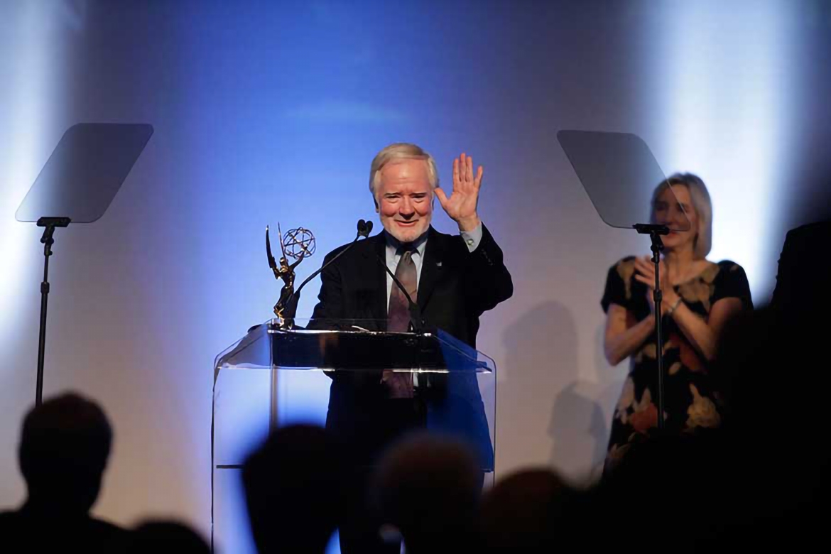 Laurence J. Thorpe accepts the Charles F. Jenkins Award at the 66th Engineering Emmy Awards.