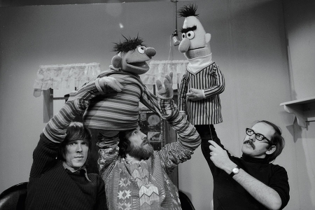Puppeteers Daniel Seagren and Jim Henson operate Ernie, while Frank Oz handles Bert