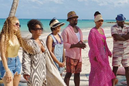 From left: Melissa de Sousa as Shelby, Nia Long as Jordan, Regina Hall as Candace, Harold Perrineau as Murch, Sanaa Lathan as Robyn and Taye Diggs as Harper in The Best Man: The Final Chapters