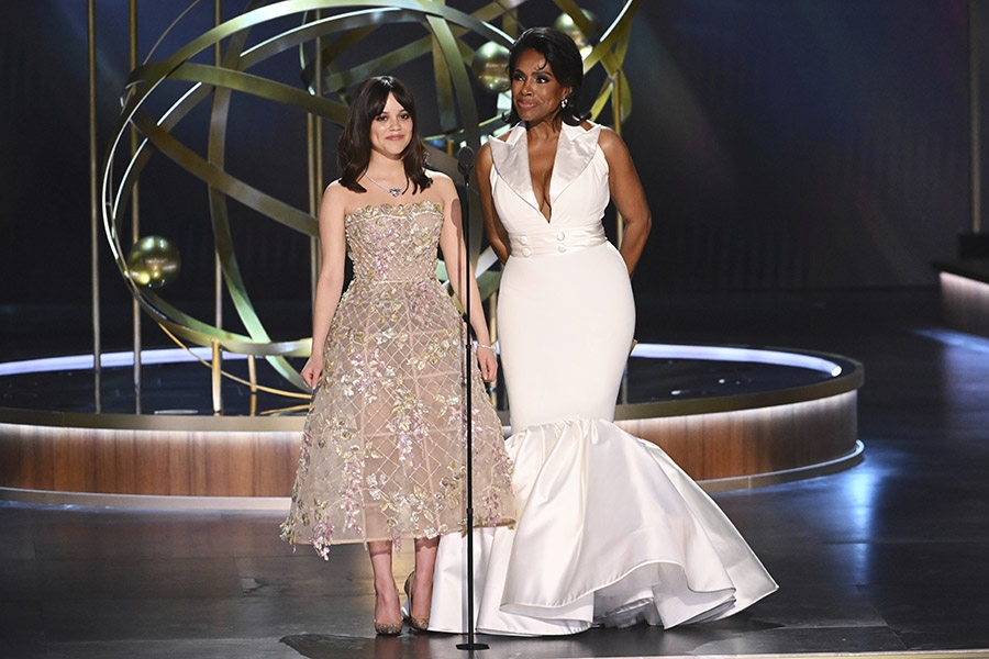 Jenna Ortega of Wednesday and Sheryl Lee Ralph of Abbott Elementary on stage at the 75th Emmy Awards