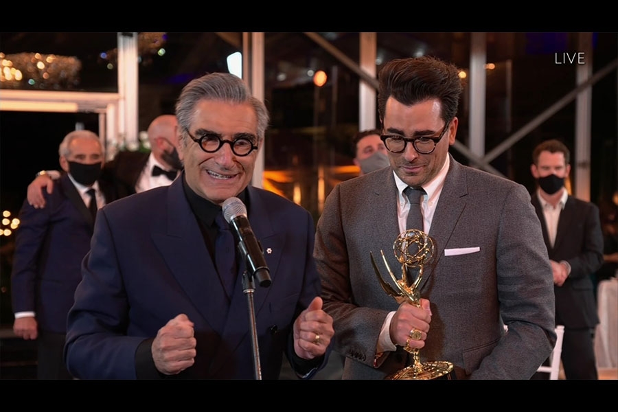 Eugene Levy and Daniel Levy accept the award for Outstanding Comedy Series  for Schitt's Creek at the 72nd Emmy Awards. | Television Academy