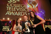 Jaime Sweet, Michael Busza, and Jen Parmer of Temple University accept the award in the Series category for “One of the Guys" at the 35th College Television Awards