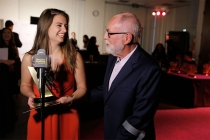 Kristin Leffler of Ithaca College, winner of The Loreen Arbus Focus on Disability Scholarship award, left, and Robert David Hall at the 35th College Television Awards